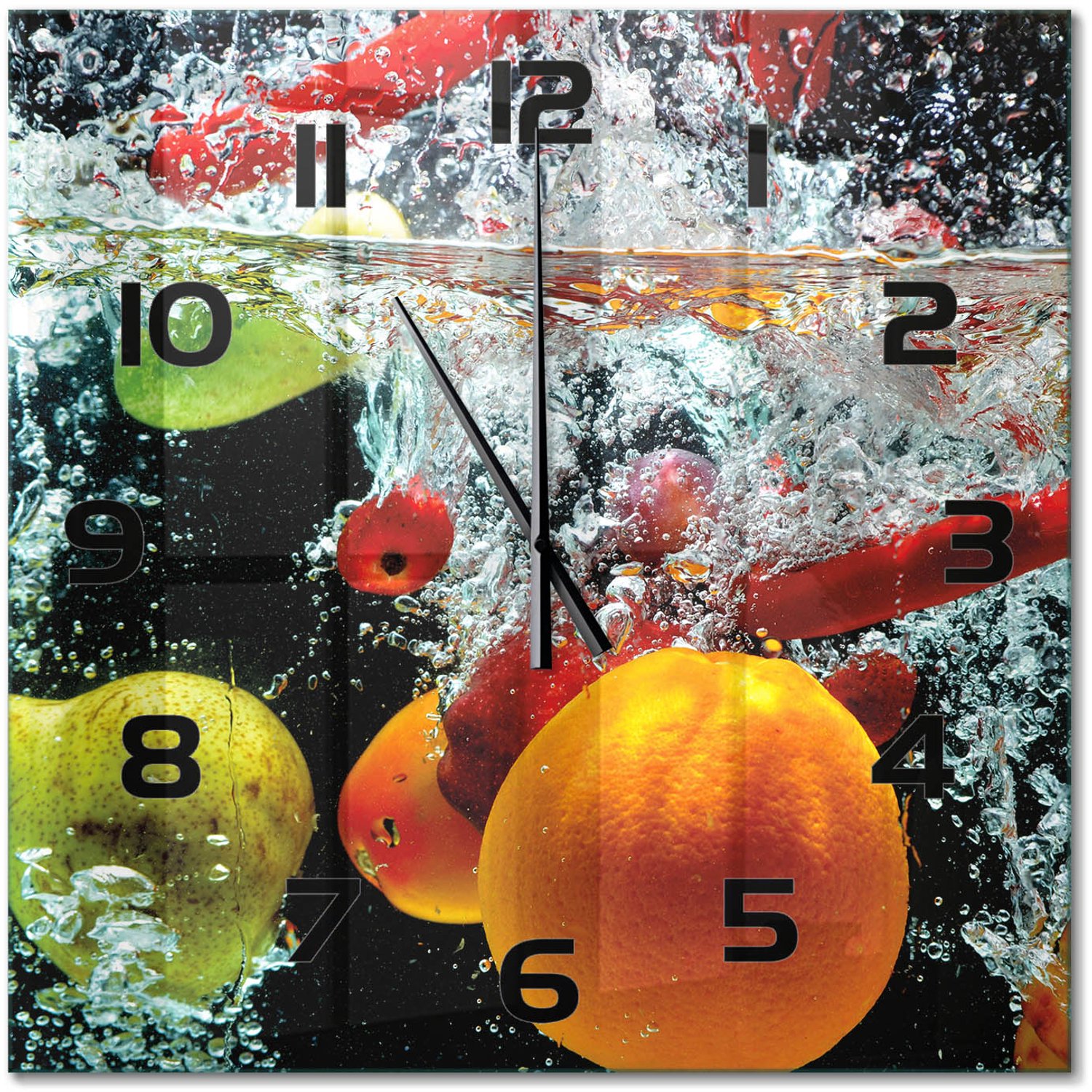 TULUP Wandklok - Fruit onder water Glazen Klok Met Print - 60x60 cm - Veelkleurig Wandklok Glas Met Motief - Zwarte handen - Vierkante Klok - Wandklok Glas Decoratie - Gekleurde Glazen Klok