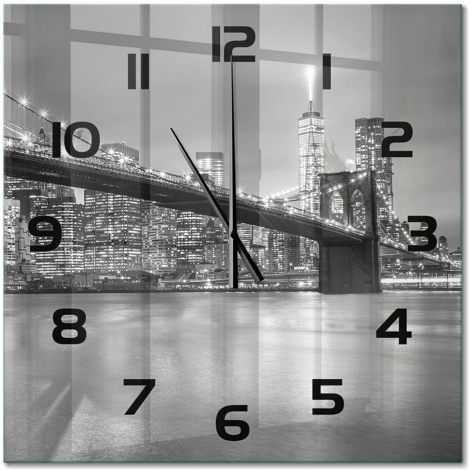 TULUP Wandklok - New York 's nachts Moderne Wandklok Glas - 60x60 cm - Zwart-wit Wandklok Glas Decoratie - Zwarte handen - Vierkante Klok - Glazen Wandklok Design - Klok Glas Met Opdruk