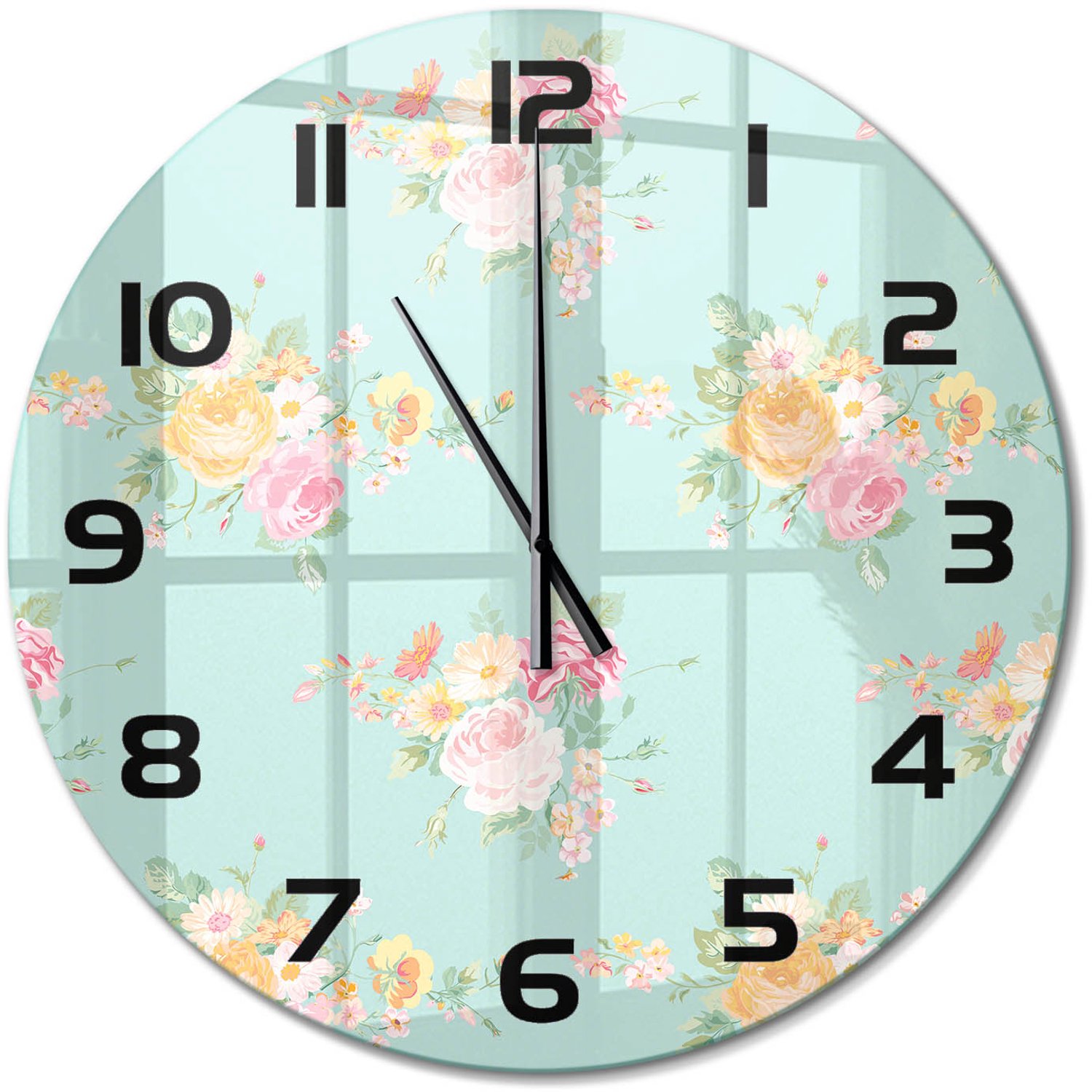 TULUP Wandklok - Bloemenpatroon Moderne Wandklok Glas - fi60 cm - Veelkleurig Wandklok Glas Decoratie - Zwarte handen - Ronde Klok - Glazen Wandklok Design - Klok Glas Met Opdruk