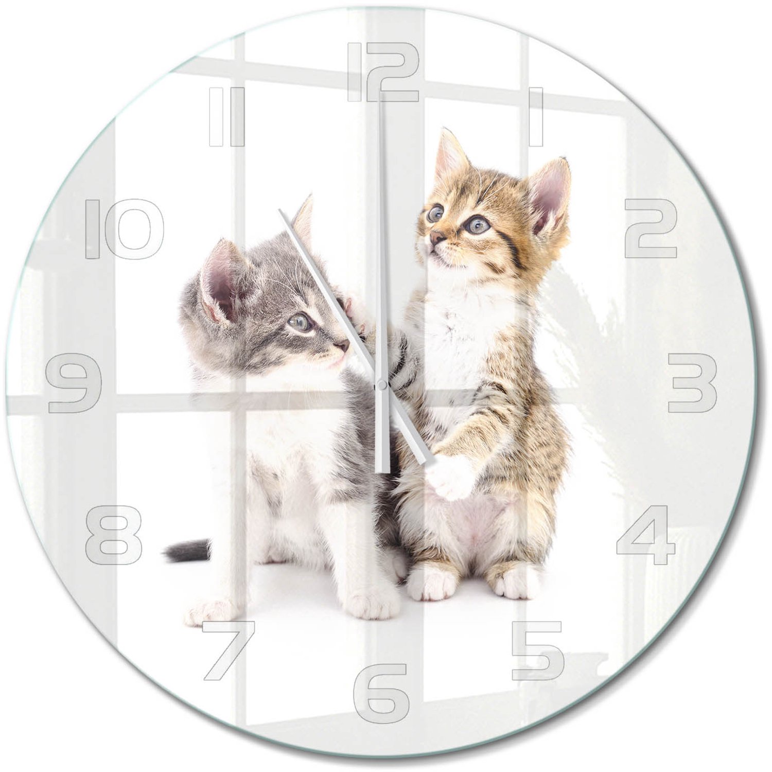 TULUP Wandklok - Twee kleine katjes Wandklok Glas Decoratie - fi60 cm - Beige Gekleurde Glazen Klok - Witte handen - Ronde Klok - Klok Glas Met Opdruk - Moderne Wandklok Glas
