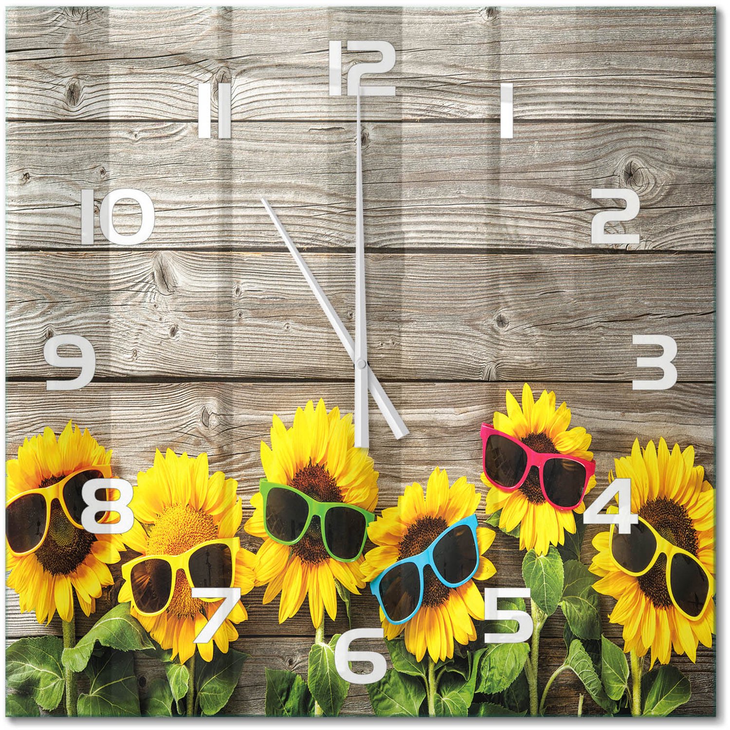 TULUP Wandklok - Zonnebloemen Glazen Wandklok Design - 60x60 cm - Geel Klok Glas Met Opdruk - Witte handen - Vierkante Klok - Wandklok Glas Met Motief - Decoratieve Glazen Klok