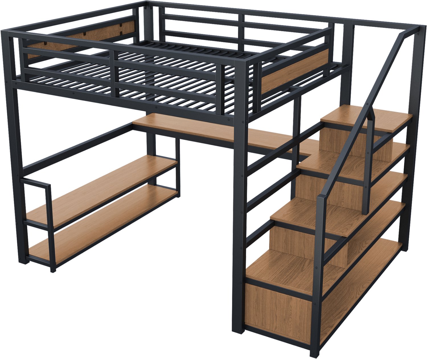 MUVANO Metalen hoogslaper 140x200 - zwarte hoogslaper met veiligheidshekje, opbergladder, bureau en planken - hoog frame voor slaap- en werkruimte