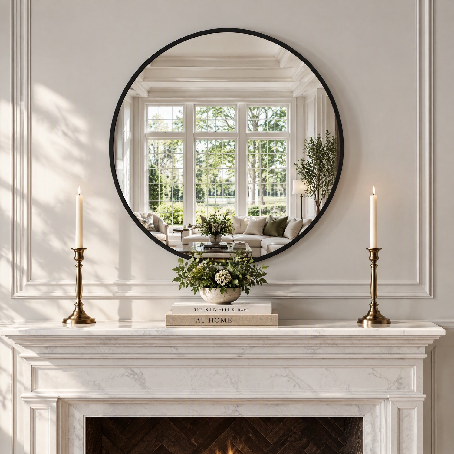 Ronde wandspiegel Ø 75 cm, Moderne badkamerspiegel, Grote spiegel geschikt voor slaapkamer, woonkamer en hal, Metalen lijst, Zwart