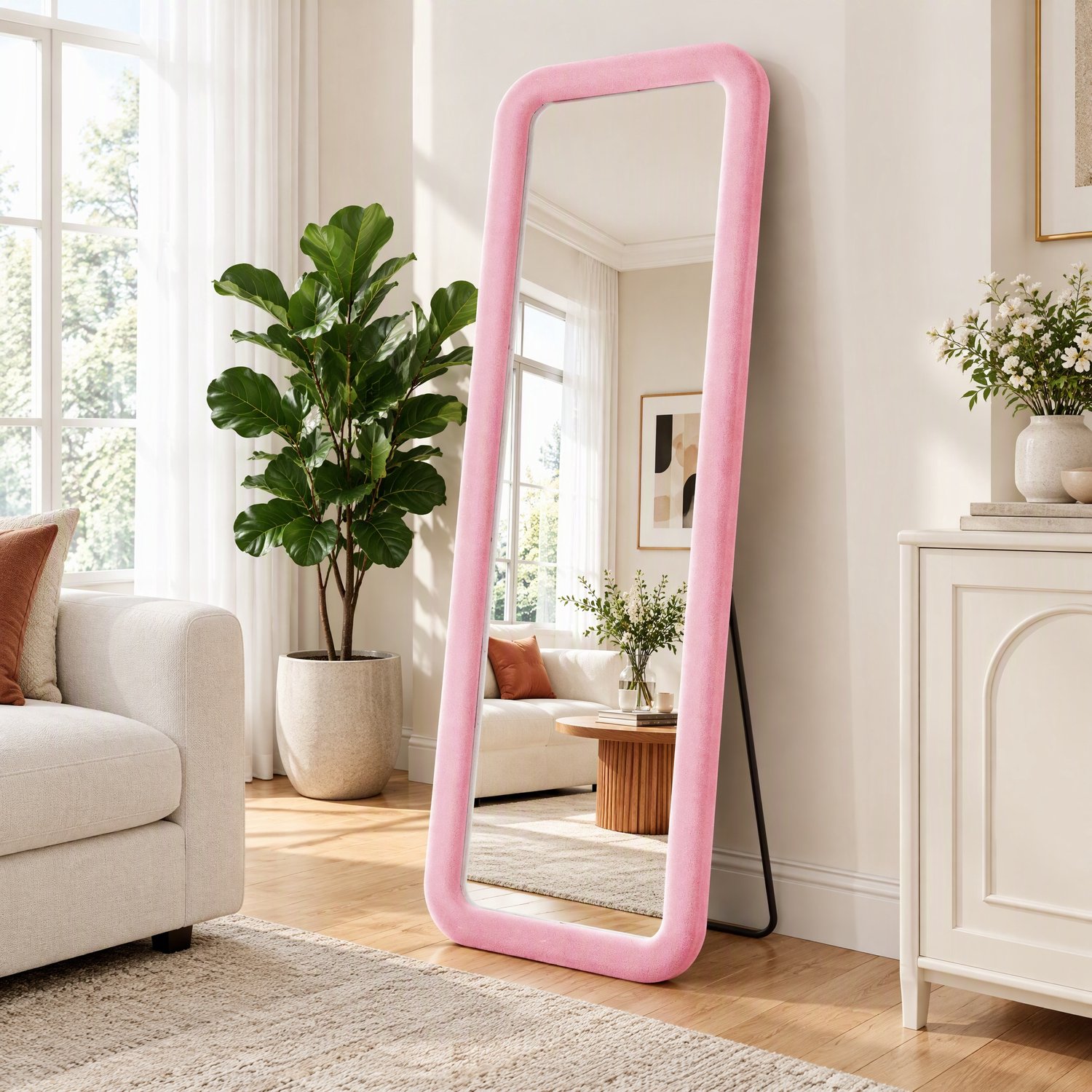 160 x 50 cm Rechthoekige Passpiegel, Staande spiegel met fluwelen rand en gehard glas, Wandspiegel staand en hangend, Roze