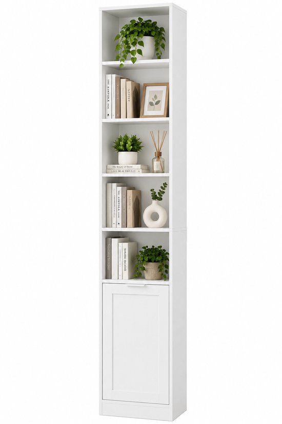 Boekenkast met 6 Niveaus en Deur – Hoge Opbergkast – Smalle Staande Kast – Hoekkast voor Woonkamer, Kantoor, Slaapkamer en Badkamer – Wit – 35 x 24 x 186,4 cm HMTM-FP-722