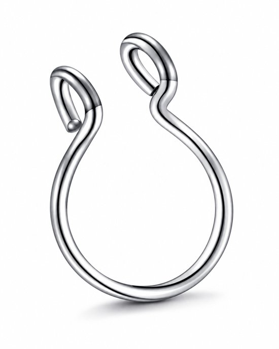 Zilverkleurige nep-septumpiercing in een ronde vorm met twee open uiteinden voor een klembevestiging.