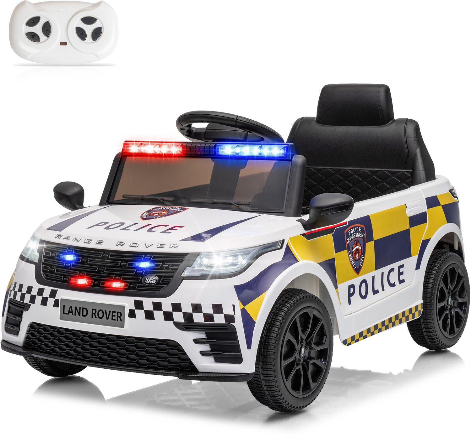 Land Rover-politieauto voor kinderen (12V 4,5Ah) – Voorzien van Bluetooth, muziek, claxon en USB,Wit