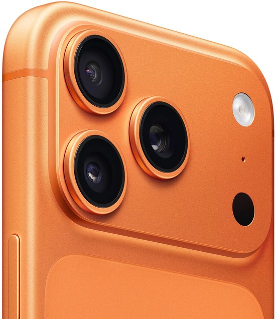 Gros plan sur le module caméra orange avec trois objectifs, un flash et des capteurs au dos.
