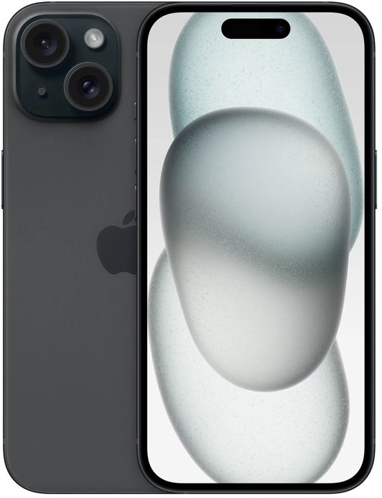 Zwarte iPhone 15 met een abstract blauw-wit behang op het scherm, getoond vanaf de voor- en achterkant.