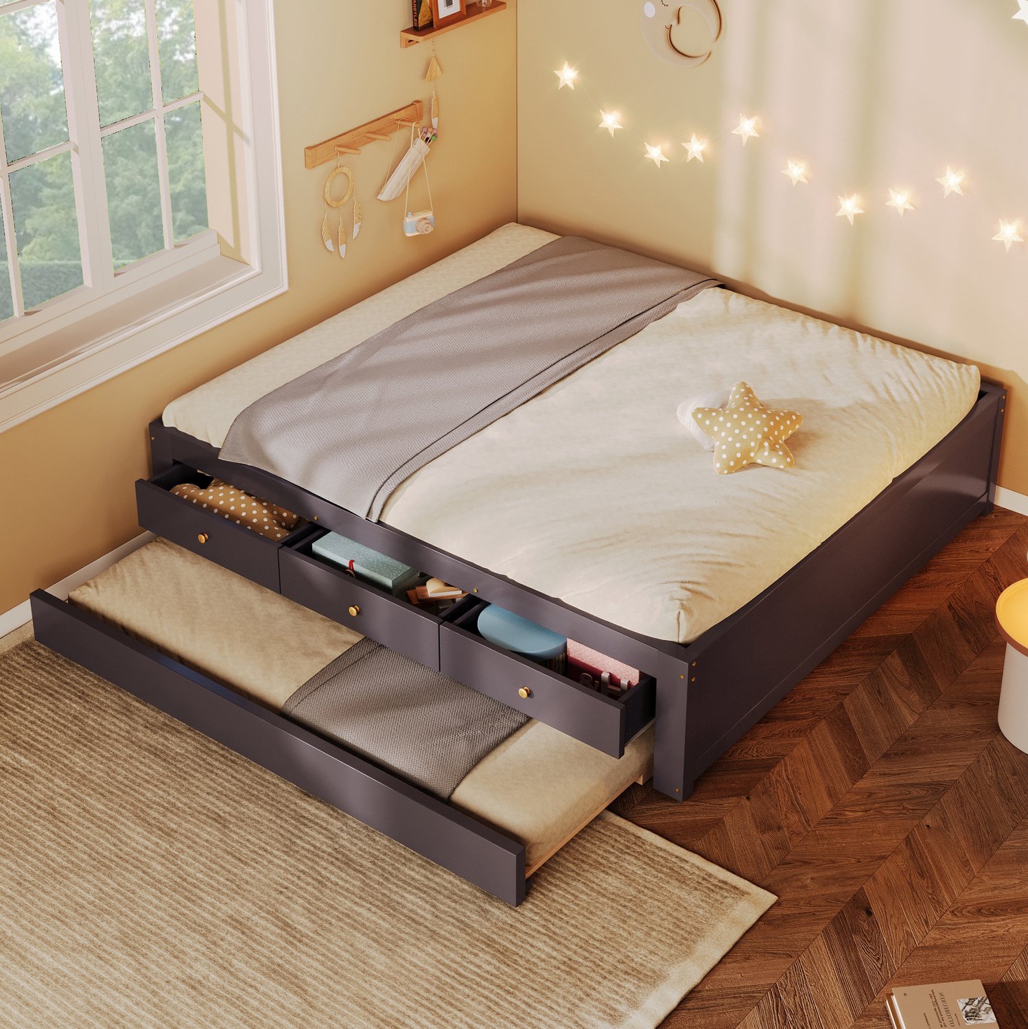 STILVORA Houten Bed 140x200 cm – 3 Opberglades En Uitschuifbaar Logeerbed – Voor Kleine Ruimtes – Koffiebruin – Zonder Matras
