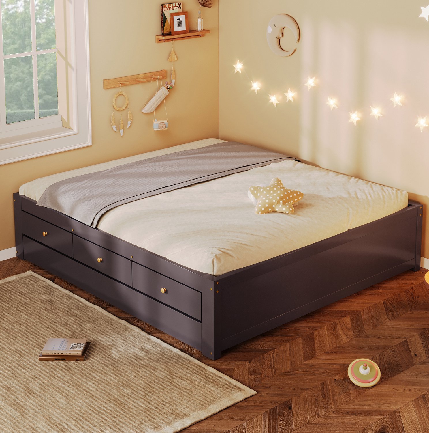 WUVRIE Bed 140x200 cm - 3 lades en uitschuifbaar logeerbed - Koffiebruin