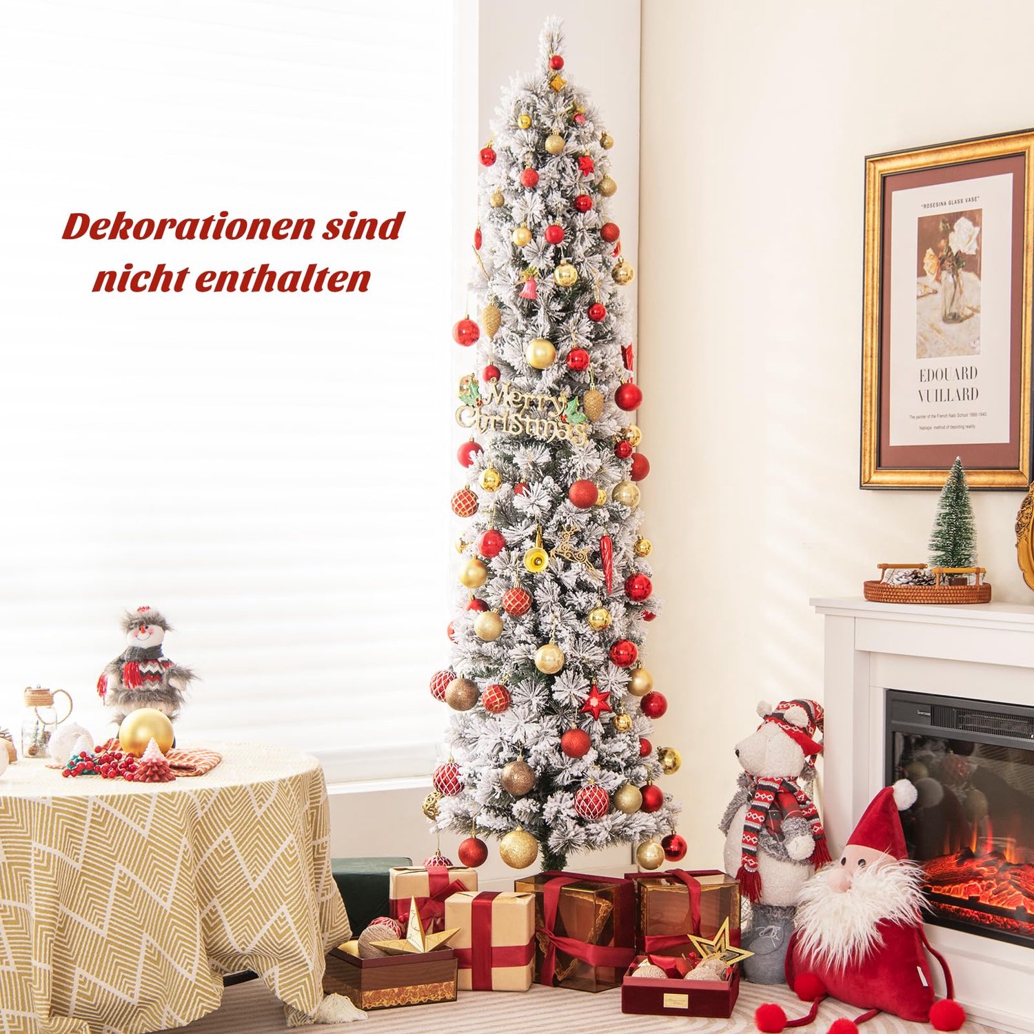COSTWAY Kunstkerstboom 180 cm met verlichting - Smal Potloodmodel met Sneeuweffect - PVC 373 takken - 150 Warmwitte LED-lampjes - Wit en groen – foto 3