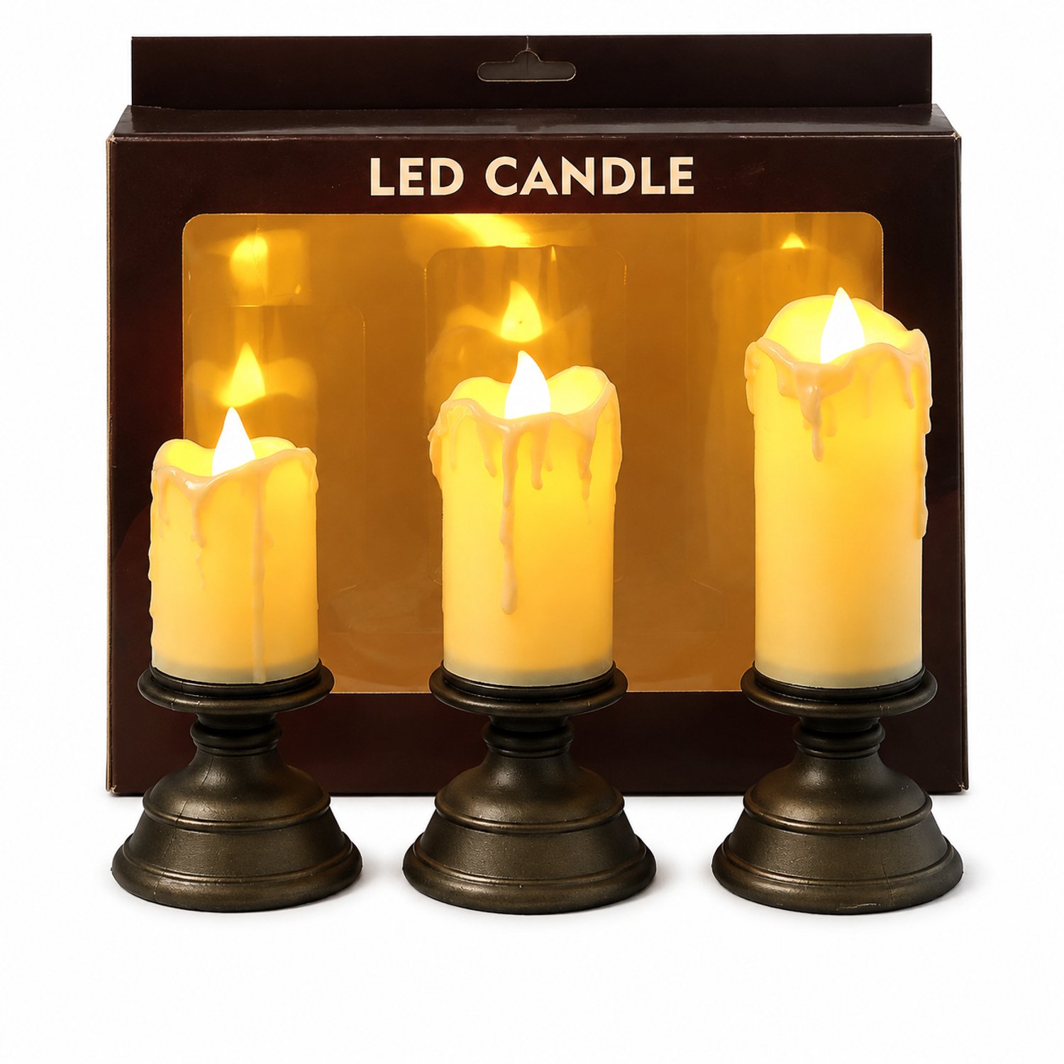 SWGOTA led kaarsen - set van 3 met warmwit constant licht, decoratieve wasdruppels en kandelaarvoeten voor tafeldecoratie Beige