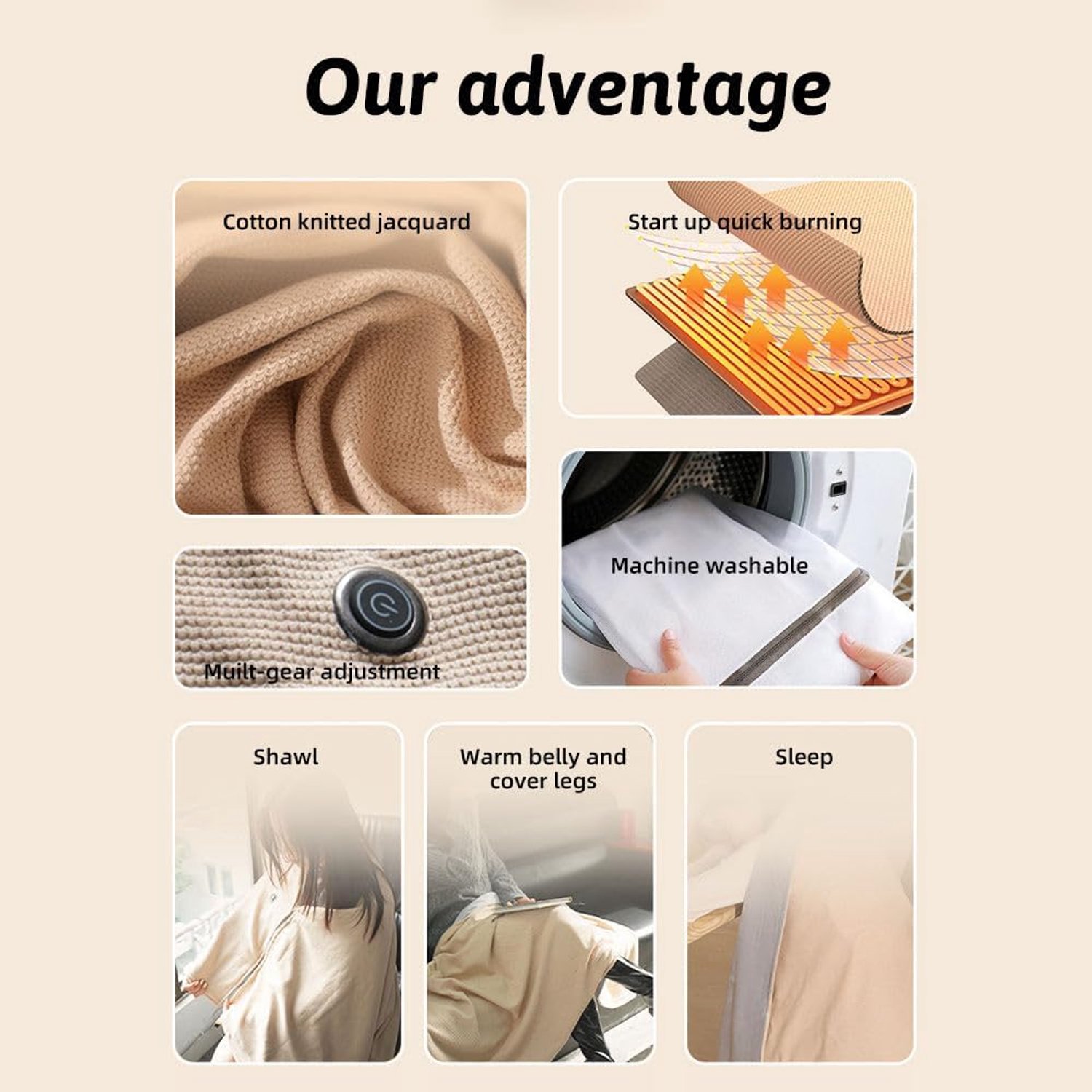 Elektrische deken - 150x80cm - Blanket Hoodie met 3 Standen - op USB - Warmte Poncho - met Rits - Hitte Deken - Licht en zacht - Draagbare verwarmde omslagdoek - Voor Dames & Heren - deaal Wintercadeau - Beige – foto 4