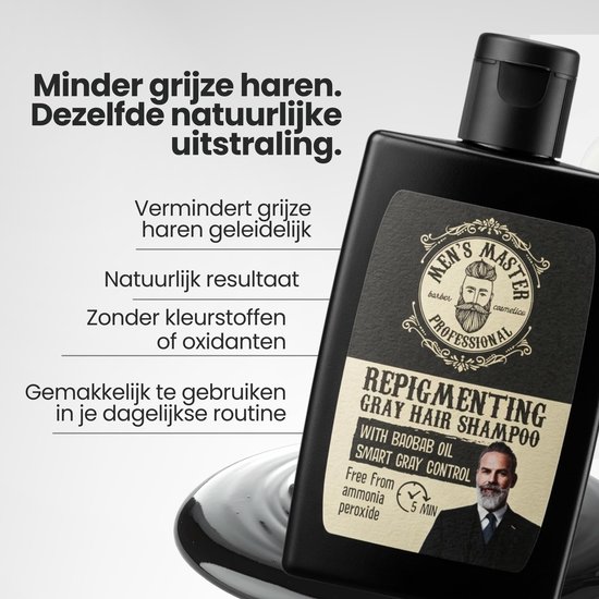Zwarte fles Men's Master repigmenterende shampoo die grijs haar geleidelijk vermindert zonder kleurstoffen.
