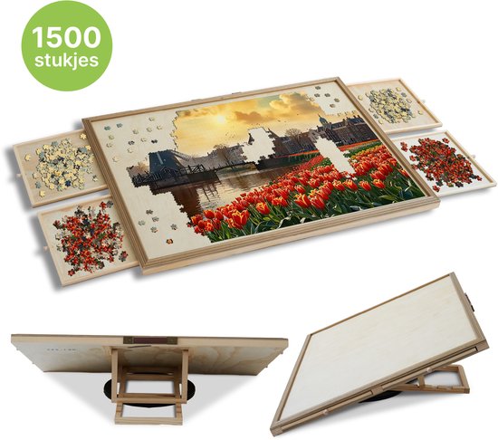 Houten puzzeltafel met vier lades, toont tafel in gekantelde stand en zijaanzicht.