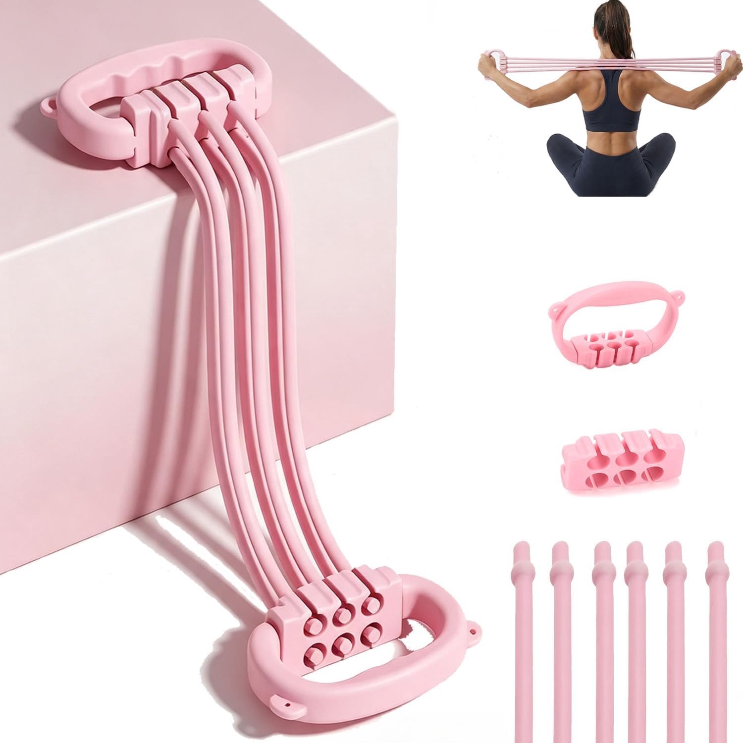 Verstelbare weerstandsband met handgrepen, borstexpander met 6 tubes voor arm-, rug- en schoudertraining, trainingsset (5-90 lbs), draagbare fitnessapparatuur voor thuis (voor dames en heren) – Roze