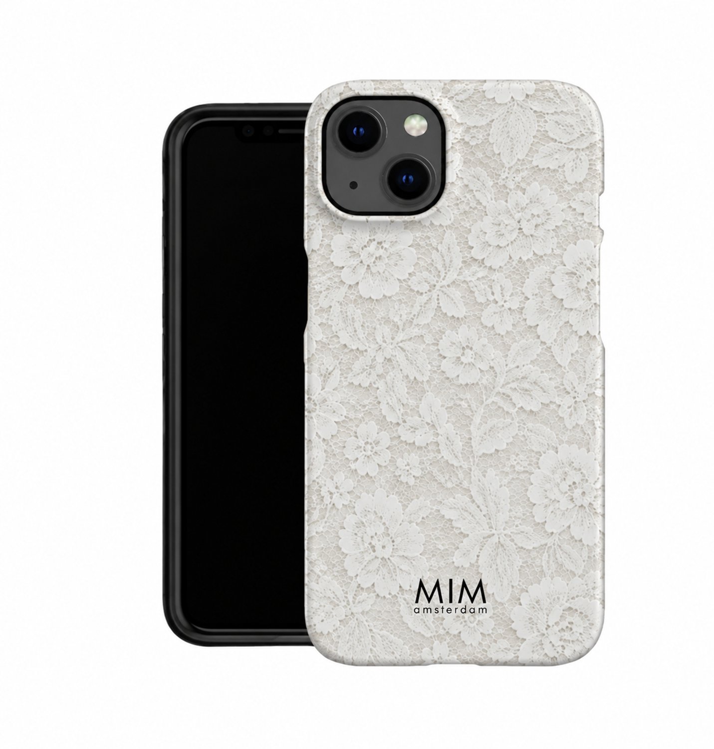 MIM Amsterdam - Lace It Up - Geschikt voor iPhone 17 Pro - Telefoonhoesje - Shockproof Case - Beige met Wit Bloemenpatroon - Vintage Bloemen Design - Beschermhoes - Trendy Phone Case