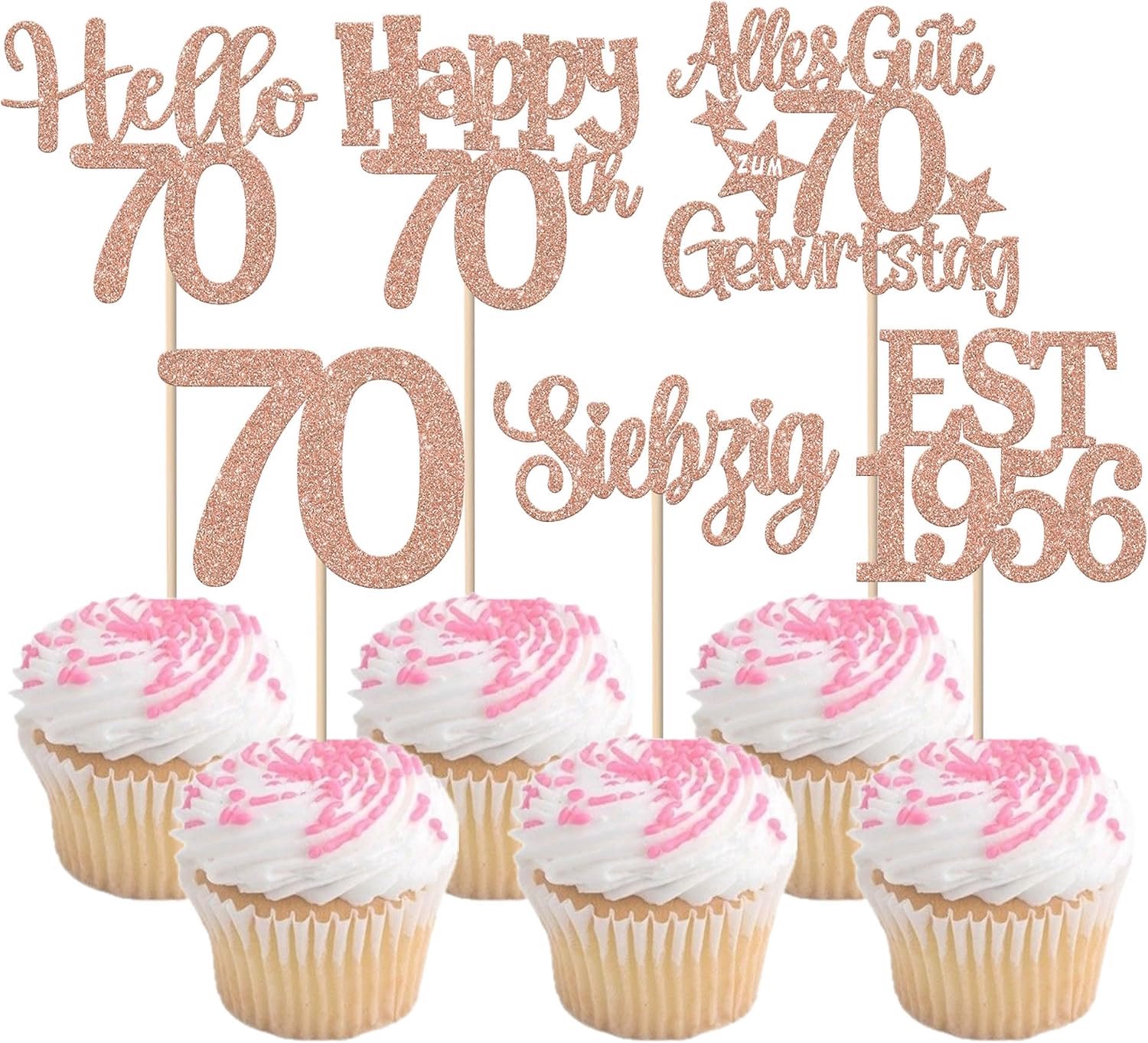70e verjaardag cupcake toppers, 24 stuks, roze goud