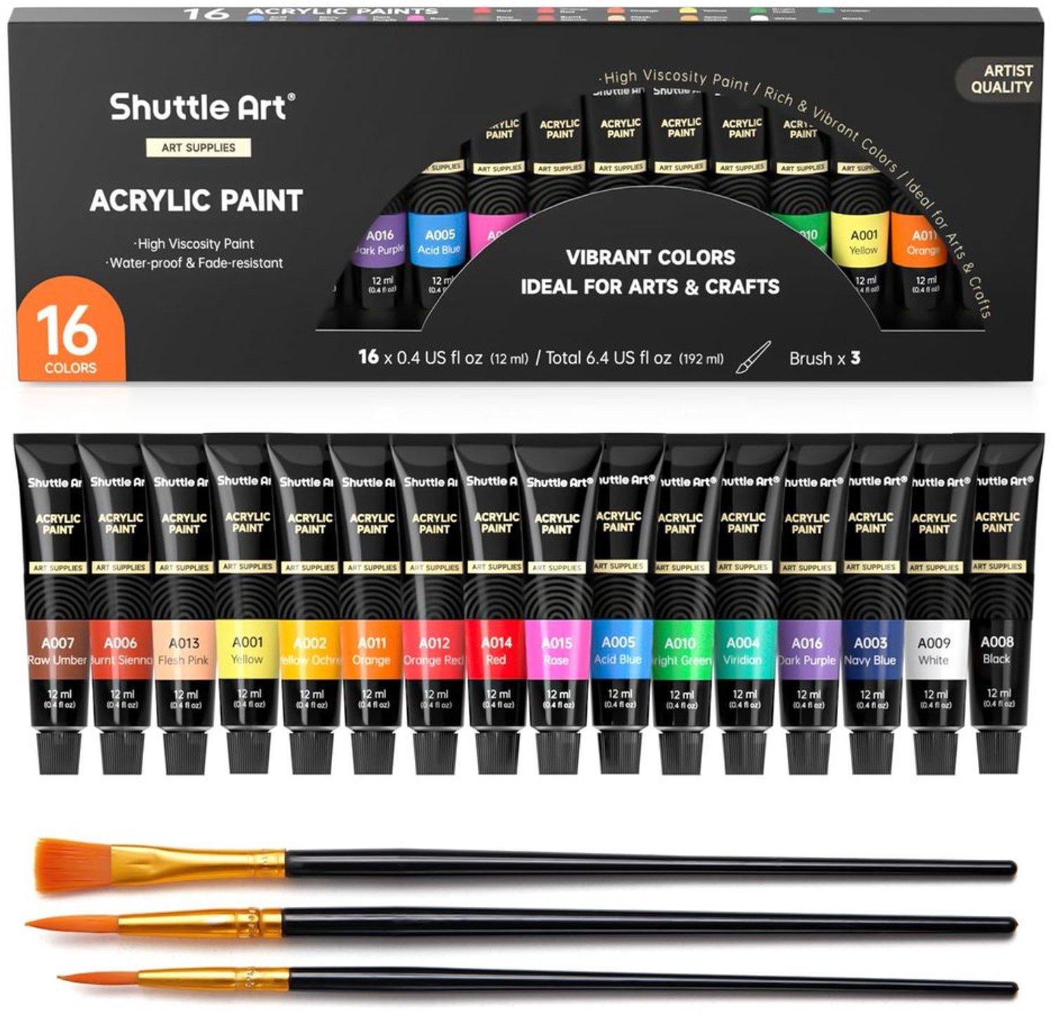 Acrylverf Set van 16 Kleuren met 3 Penseel voor Creatief Schilderen