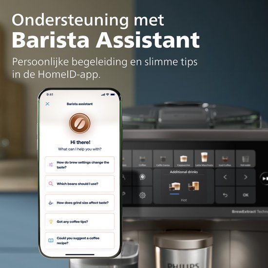 Smartphone met de Barista Assistant in de HomeID-app toont tips bij een Philips espressomachine.