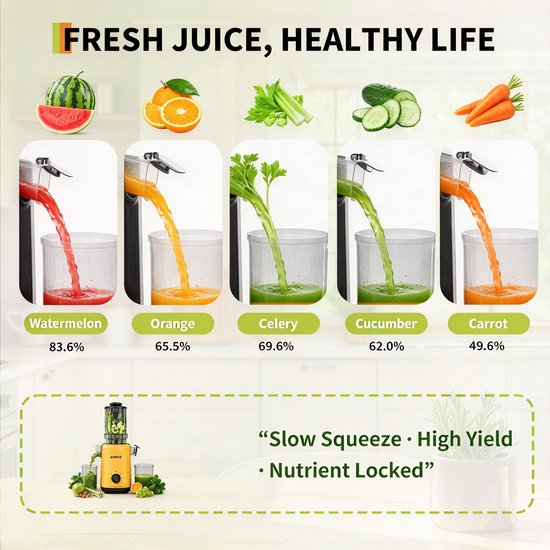 Slowjuicer Koudpers - XXL Vulopening - Rendement tot 98% - BPA Vrij - Stil & Eenvoudig te Reinigen - Geel van Danky — afbeelding 3