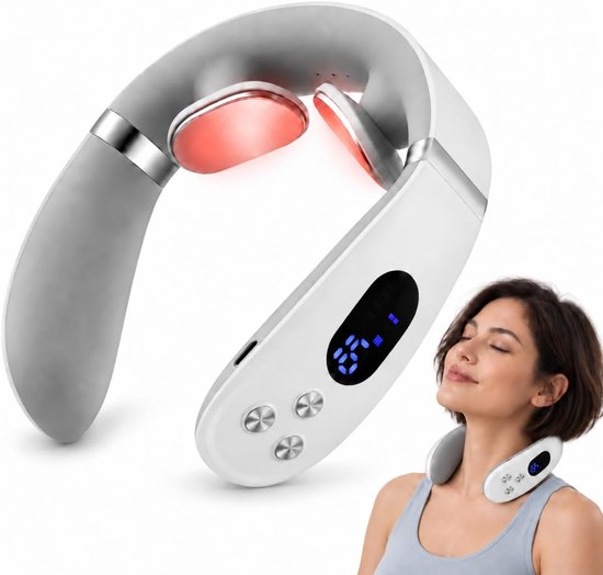 Wit, draagbaar nekmassageapparaat met roodverlichte warmtekussens, gedragen door een ontspannen vrouw.