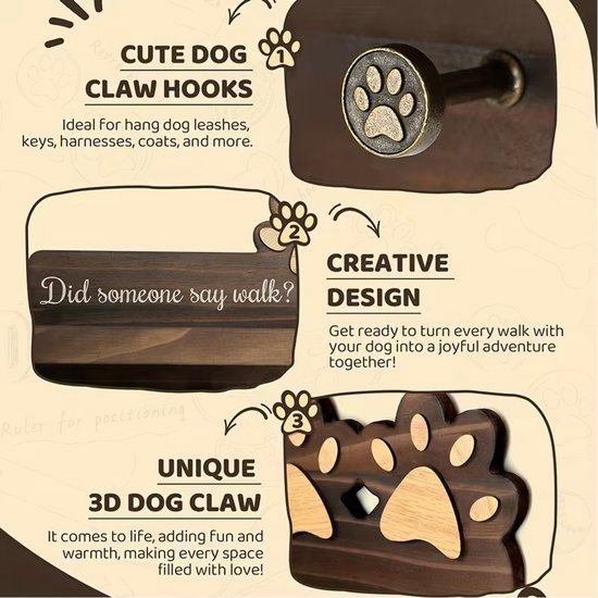 Infografiek met details van hondenrek: haken in pootvorm, houten plank en 3D-pootdecoratie.