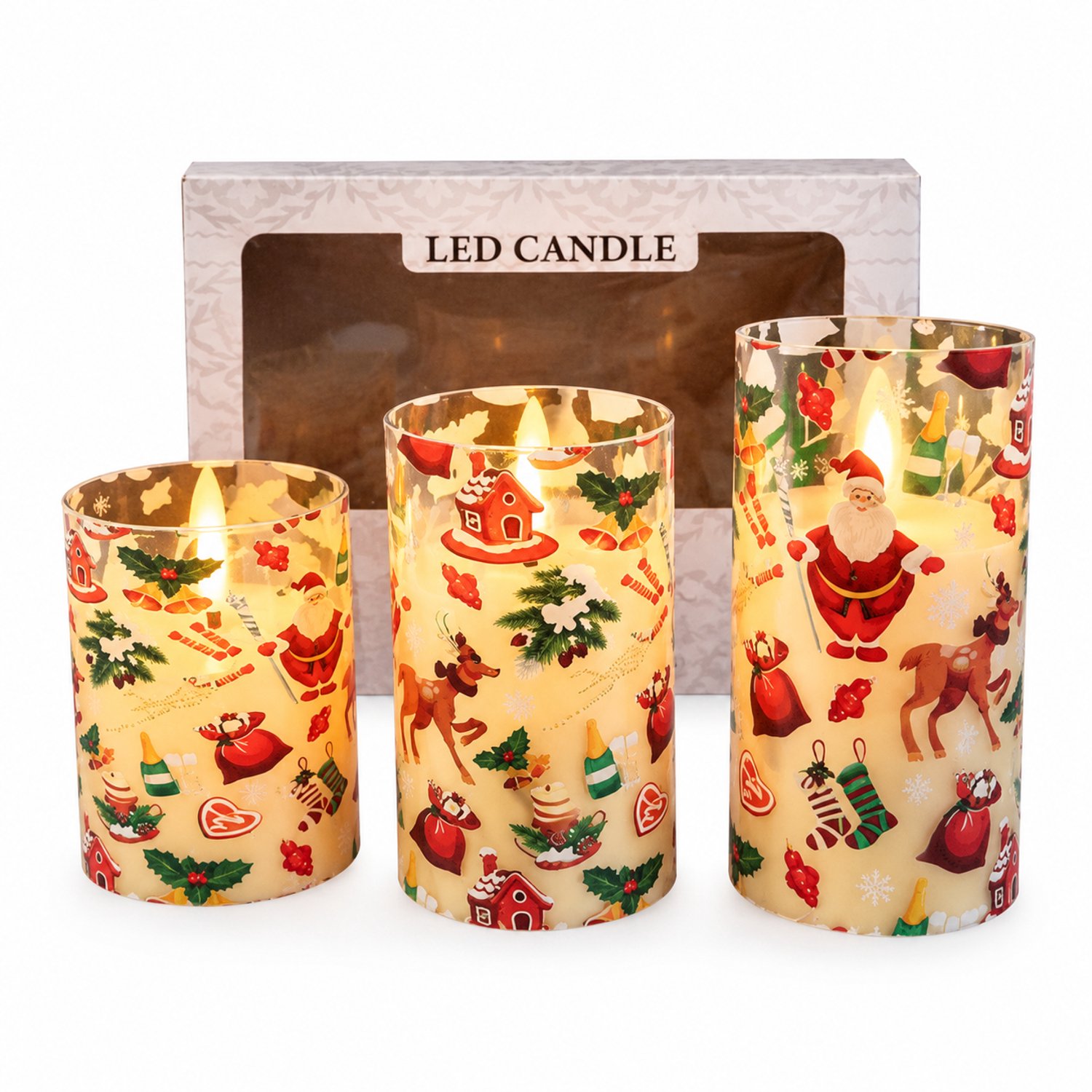 SWGOTA led kaarsen set van 3 - Warm licht en vlamvormige top, kerstmotieven, verschillende hoogtes, vensterdoos, zonder batterijen Wit