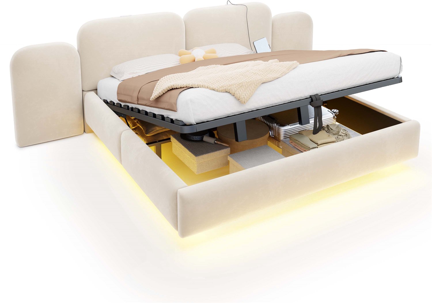 WUVRIE Gestoffeerd bed 180x200 cm - Hydraulische opbergruimte, RGB-LED en USB/Type-C - Beige