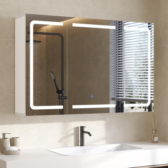 Badkamer Spiegelkast met LED Verlichting 80x60x16 cm – 3 Spiegeldeuren – Dimbaar met 3 Lichtkleuren – 2 Stopcontacten en 2 USB-A Poorten – Verstelbare Legplank – Wandkast