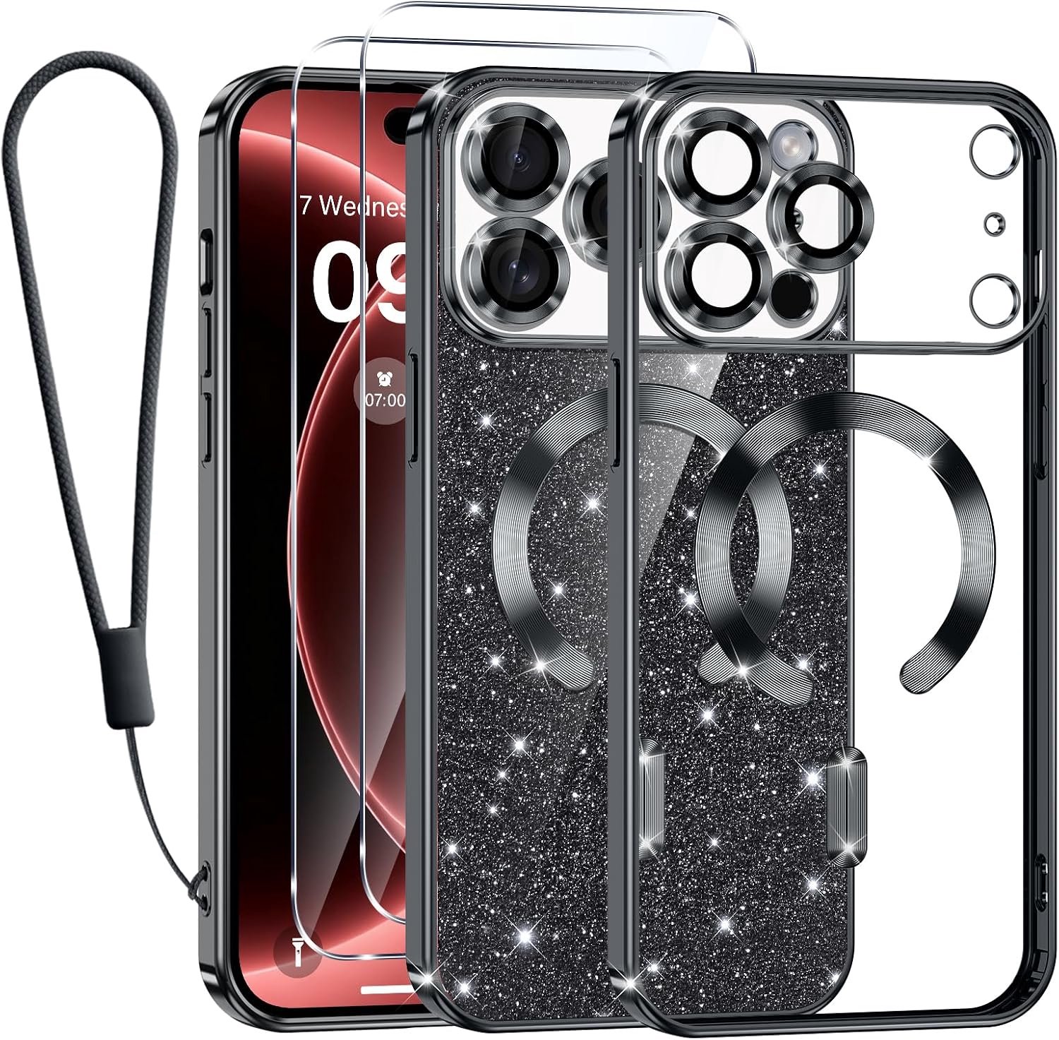 Zandarix Hoesje Geschikt voor Apple iPhone 18 Pro - Back Cover Hoesje - Geschikt voor Mag - Glanzend Glitter - 2x Screenprotector - Zwart