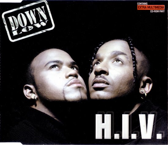 Cd-hoes van Down Low 'H.I.V.' met twee mannen op een zwarte achtergrond en vermelding van extra multimedia-cd-rom.