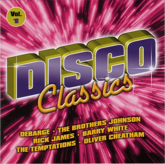 Disco Classics Vol. 1 cd-hoes met paars-gele belettering tegen een roze, stralende sterrenhemel achtergrond.