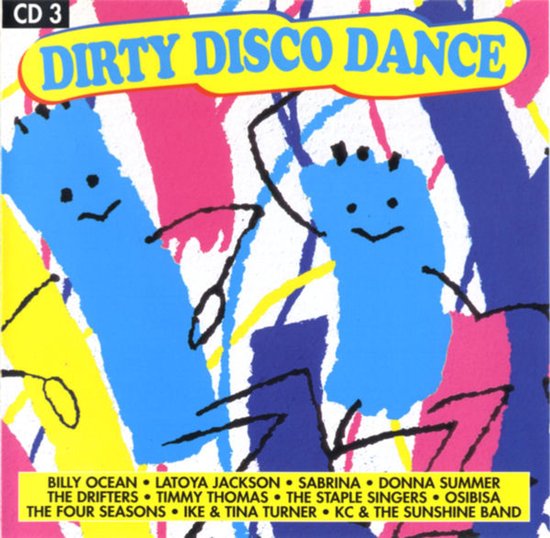 CD-hoes Dirty Disco Dance met twee blauwe figuren op een kleurrijke, abstracte achtergrond van roze, gele en blauwe strepen.