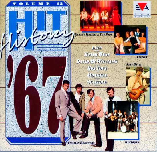 Hoes van Hit History '67 cd met foto's van jaren 60 bands en artiesten zoals Tielman Brothers en Jeff Beck.