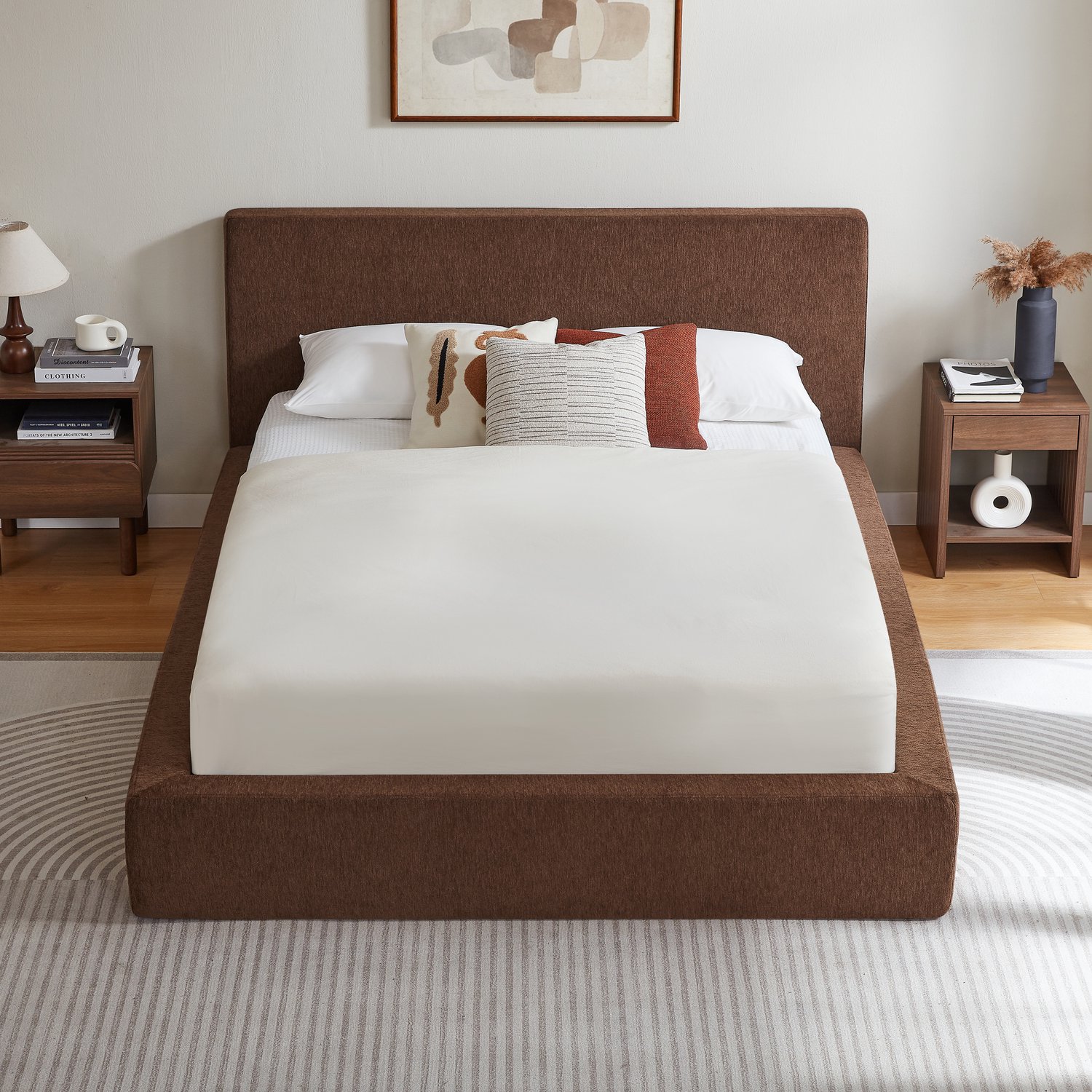 REDOM Bedframe 140x200 cm - Gestoffeerd hoofdbord en stalen frame - Bruin