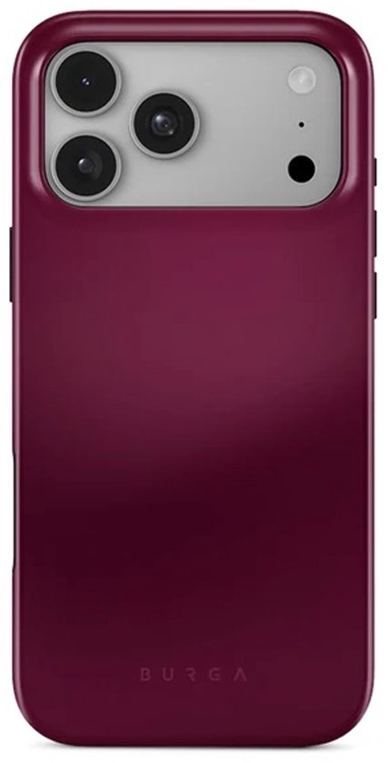 Donkerkersrode Burga-telefoonhoes voor iPhone 18 Pro Max, achterkant met camerauitsparing.