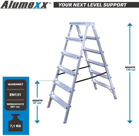 Alumexx dubbele trap van 130 cm hoog, met 6 treden, 287 cm werkhoogte en 7,1 kg gewicht.