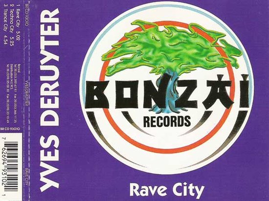 Paarse hoes voor Rave City van Yves Deruyter met een groen gestileerd logo van Bonzai Records.