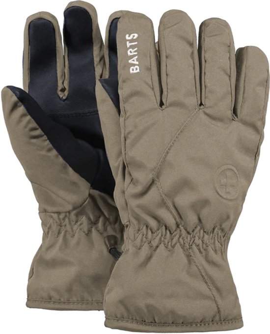Olijfgrijze Barts skihandschoenen voor kinderen met zwarte handpalm en geborduurd logo.