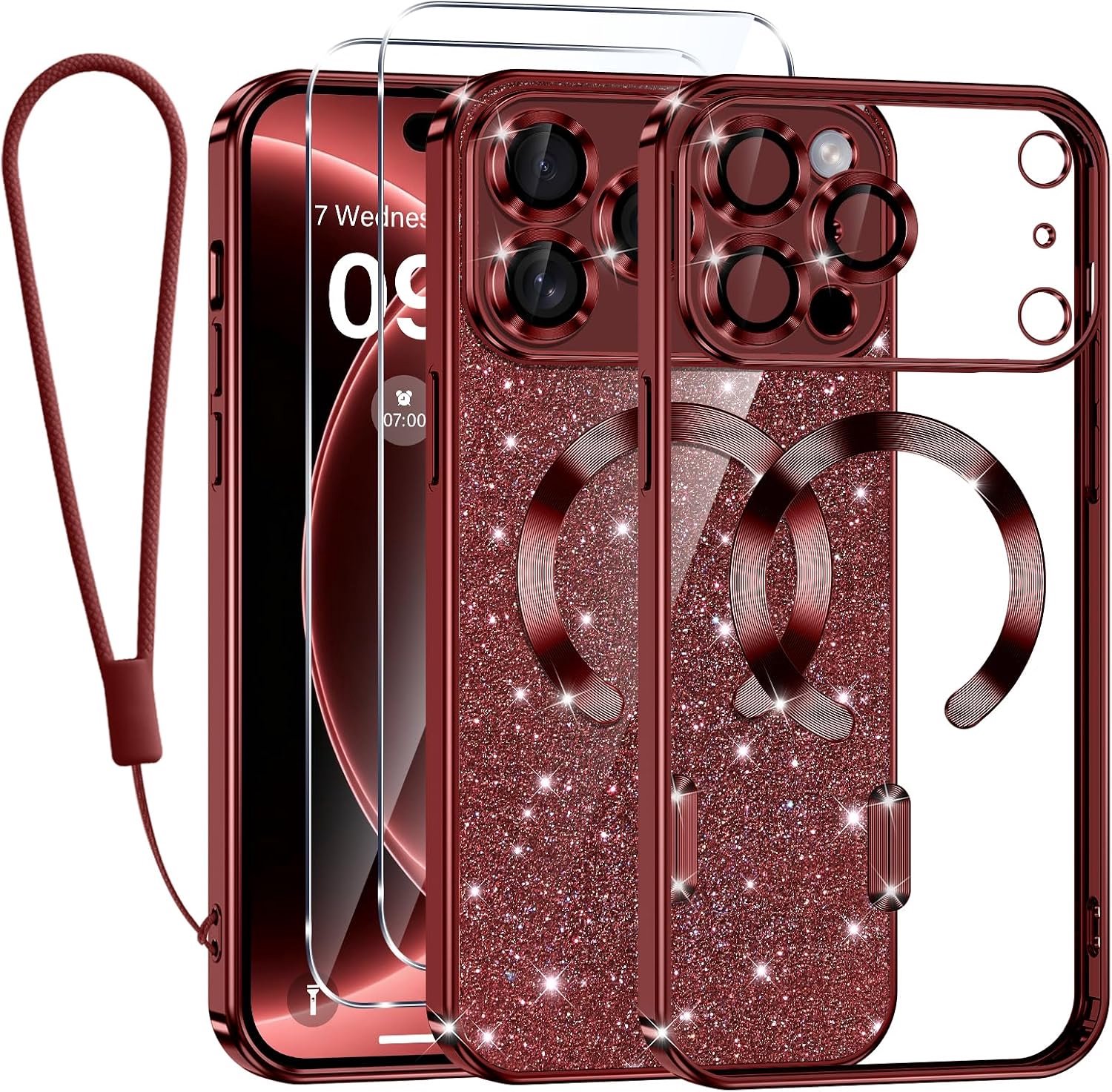 Zandarix Hoesje Geschikt voor Apple iPhone 18 Pro Max - Back Cover Hoesje - Geschikt voor Mag - Glanzend Glitter - 2x Screenprotector - Kersenrood