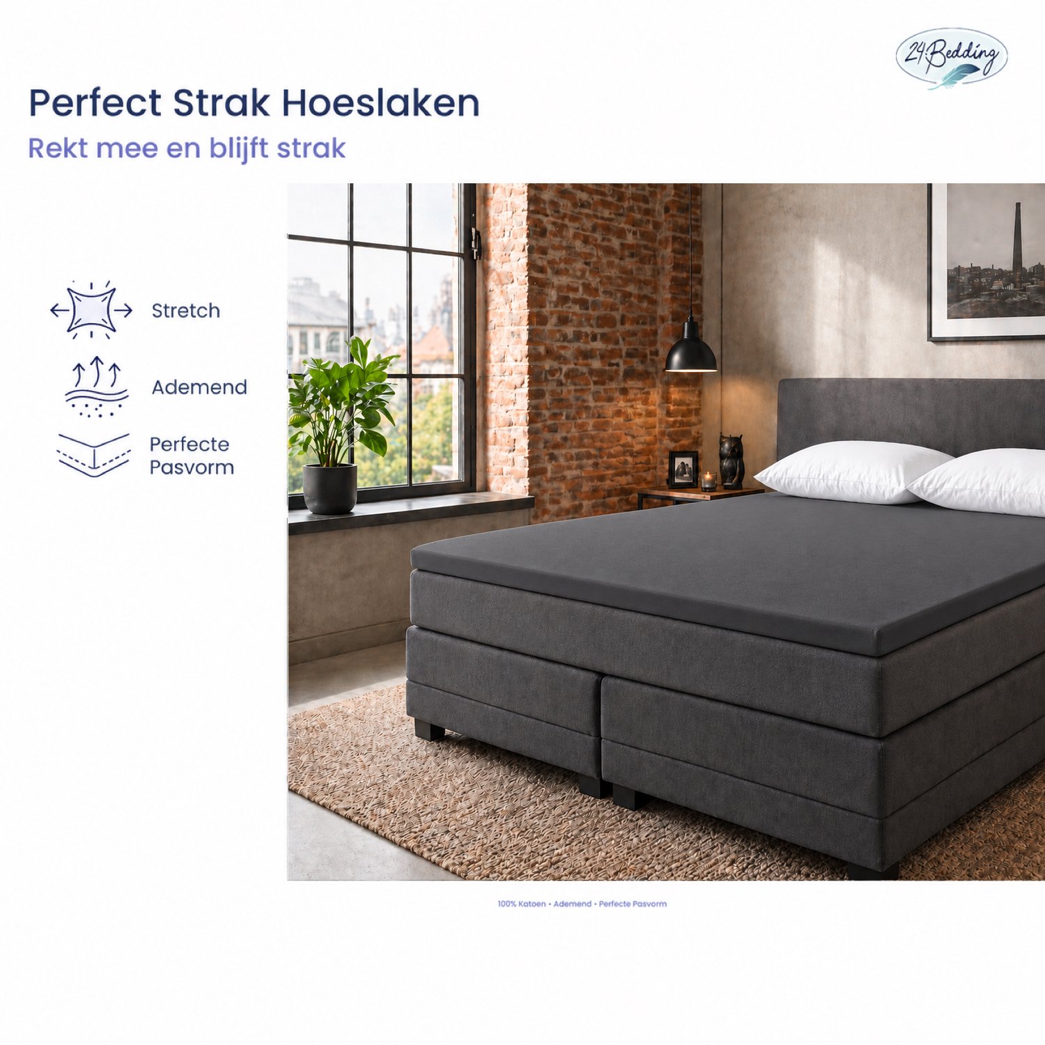 24-Bedding Jersey Topper Hoeslaken - Topdek Hoeslaken Jersey - Extra zacht - 97% katoen - 3% Elastaan - 180x220 cm - Antraciet - 5 t/m 15 cm hoogte.