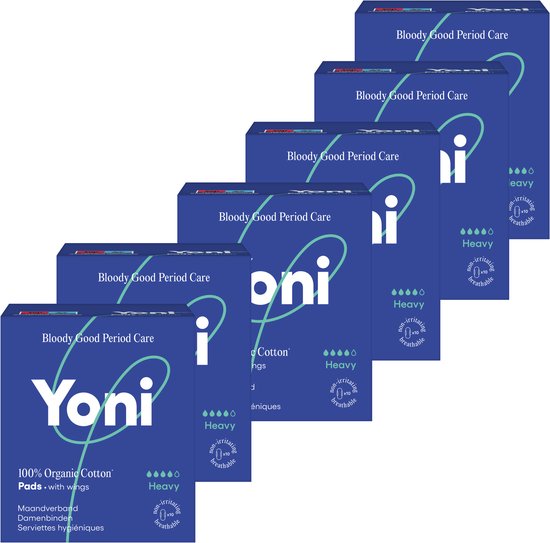 Zes doosjes Yoni maandverband voor zware menstruatie, 100% biologisch katoen met vleugels, 60 stuks.