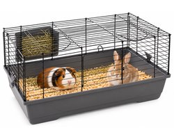 Hamsterkooi – Flamingo Mobi – caviakooi & dwergkonijnenkooi – binnenkooi met hooiruif en diepe bodem – metaal zwart & grijs – 75x47x40 cm – Europese kwaliteit