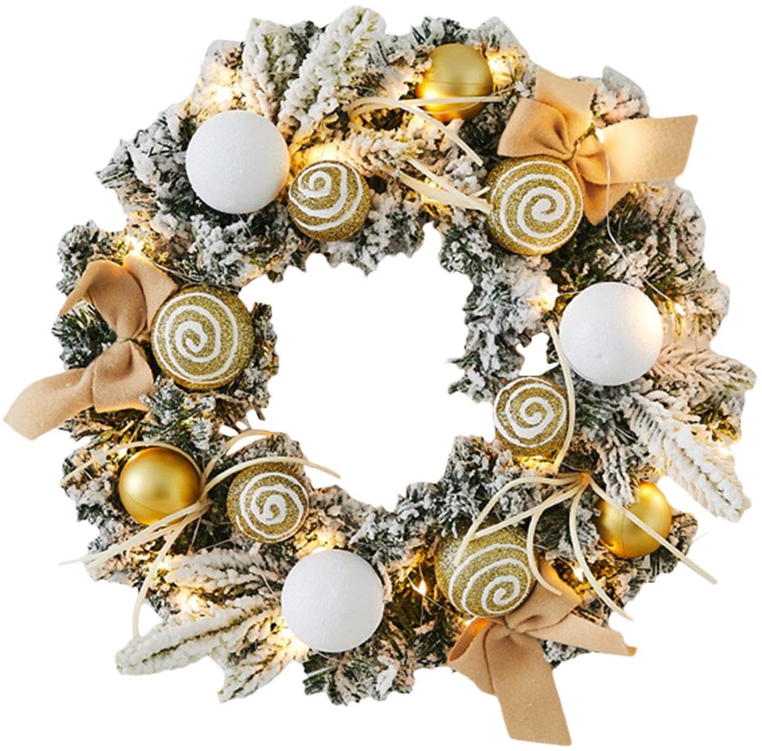 Kerstkrans met verlichting - 30 cm - Kunstmatige LED kerst krans met kerstballen - op batterijen - Kerst Deurkrans voor buiten, deur, Open Haard, Muur, Huisdecor - geel