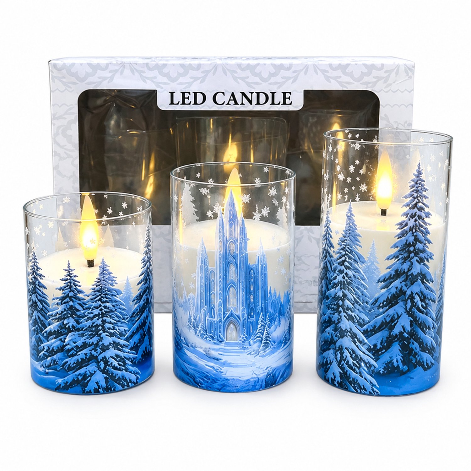 SWGOTA led kaarsen, set van 3 met kasteel- en winterprint, kunststof met warm vlameffect, voor binnen, in vensterdoos, zonder batterijen Blauw
