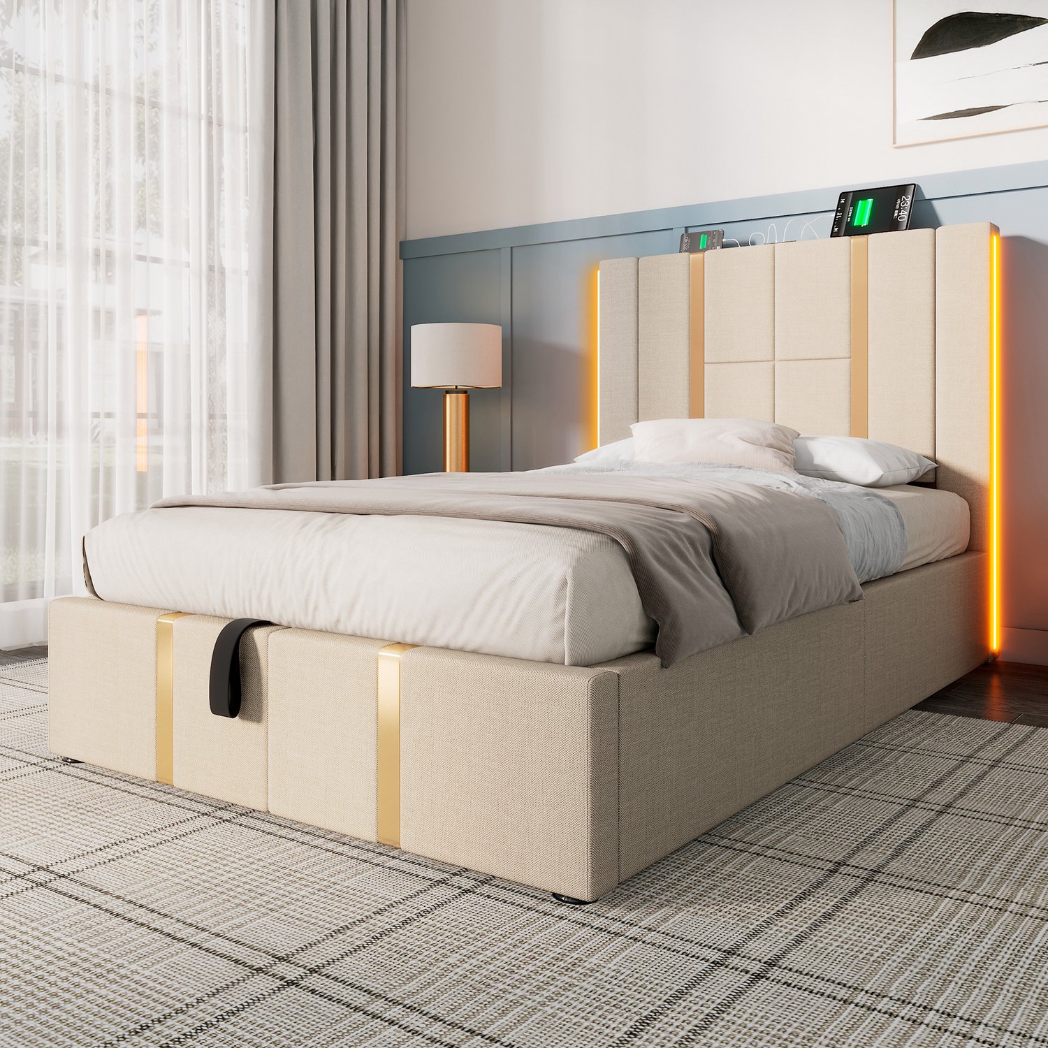 Welltin Eenpersoonsbed 90x200 - Linnen gestoffeerd bed met opbergruimte - RGB-LED-verlichting - USB-C - Beige