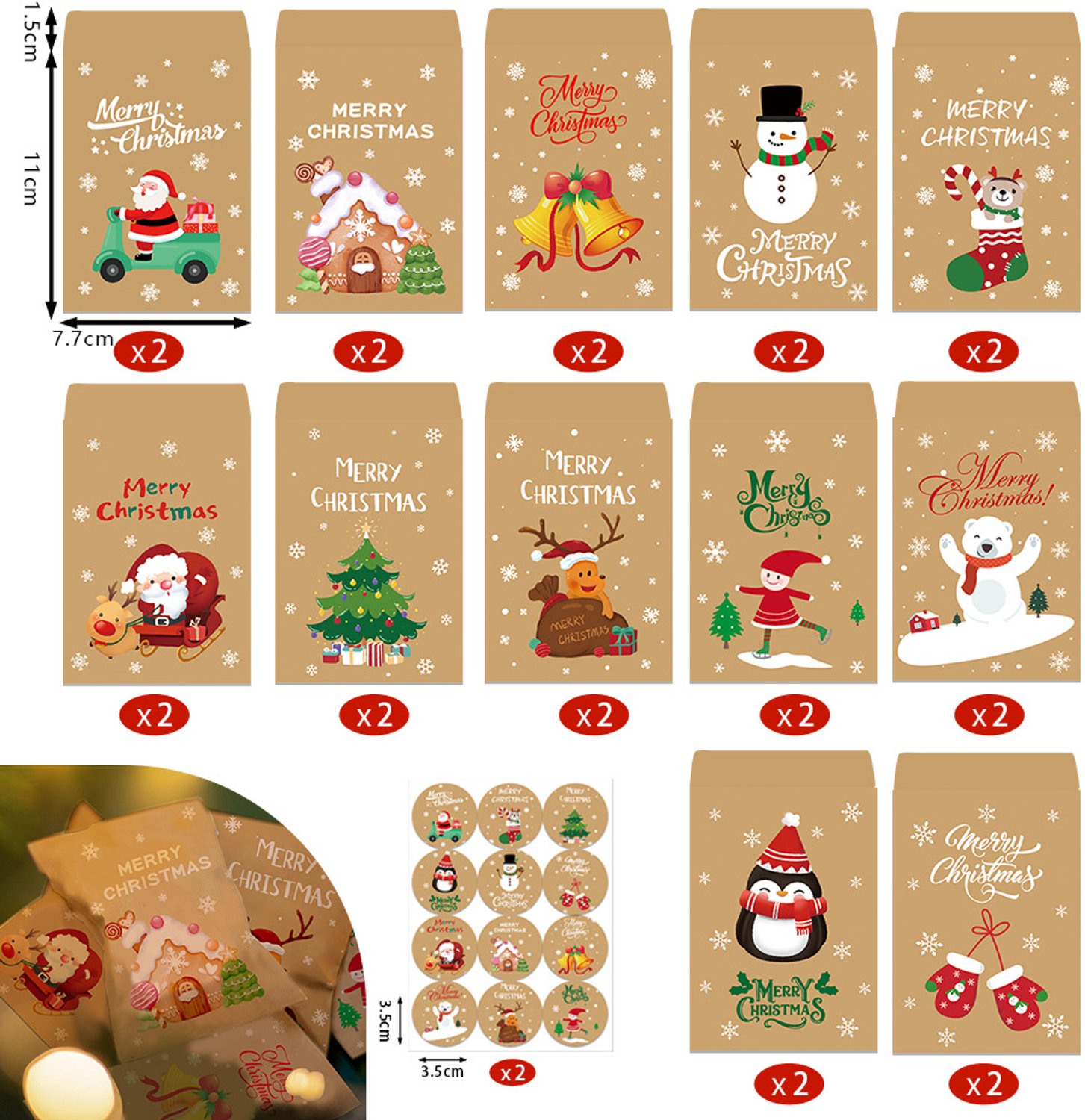 Kerstcadeauzakjes - 24 Stuks - Papieren zakjes - Kerstzakjes - Papieren Tassen - DIY Adventskalender - Kleine cadeautasjes - Mini Kerstgiftzakjes met Stickers - Snoepzakjes voor koekjes, bonbons, chocolade en andere feestartikelen - 11 x 7,7 cm – foto 3