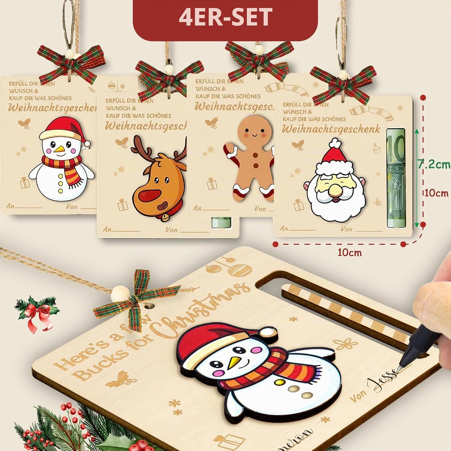 Geldcadeau voor kerst - 4 verschillende ontwerpen - voor briefjes van 5 10 20 euro - feestelijke decoratie en kaarthouder - Houten Kerstboom Geld Clip - Uniek Cadeau met Kerst Thema - feestelijke kerstboomversiering- cash cadeauhouder afmetingen – foto 2